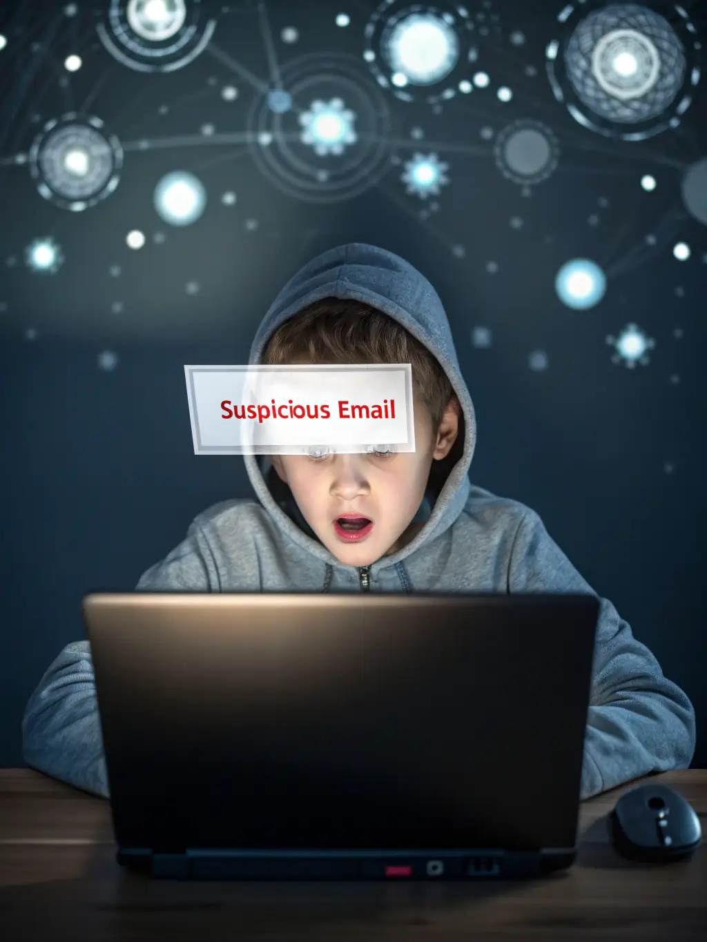 A graphic depicting a person receiving a suspicious email with a lock icon, representing social engineering tactics for DontheCyberChef.