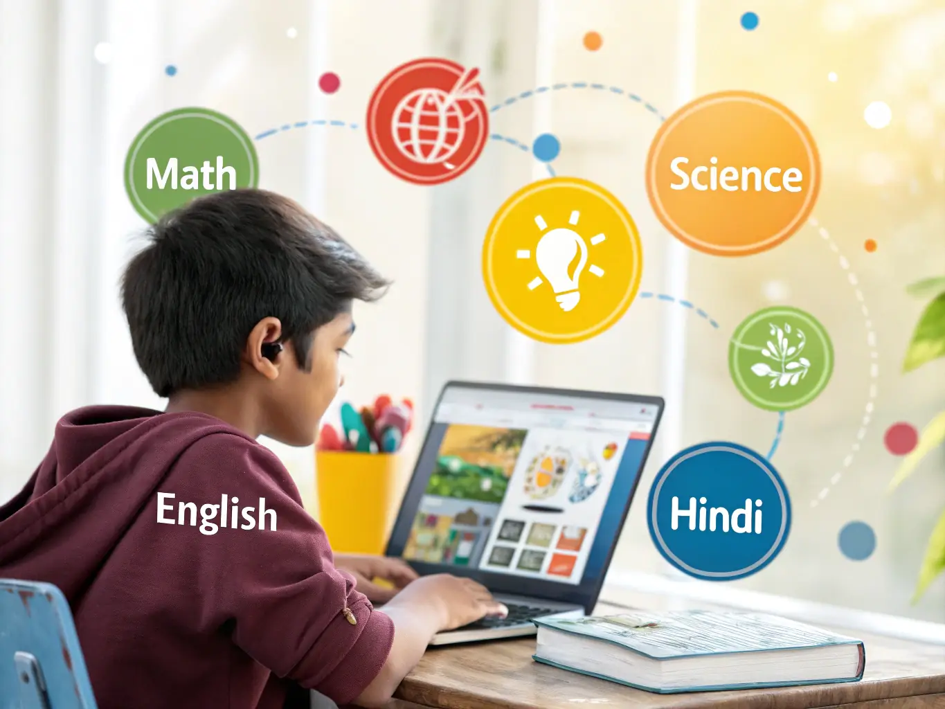 A digital illustration of a Filipino student happily learning cybersecurity concepts on a laptop, with Tagalog phrases subtly integrated into the background.