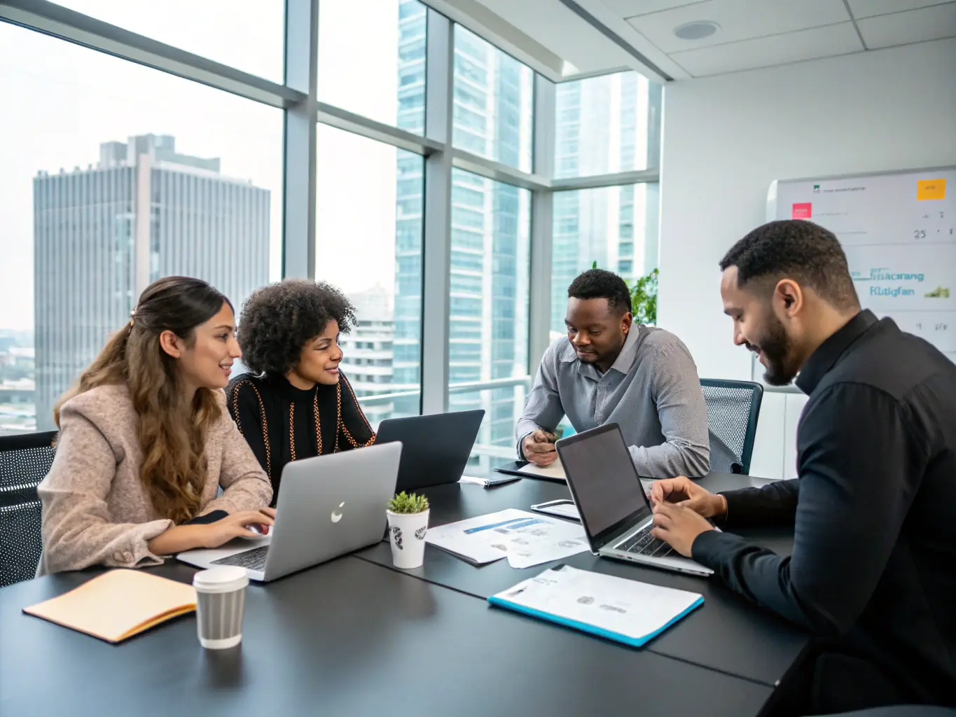 A photograph of a diverse team of cybersecurity professionals collaborating in a modern office setting, emphasizing real-world experience.