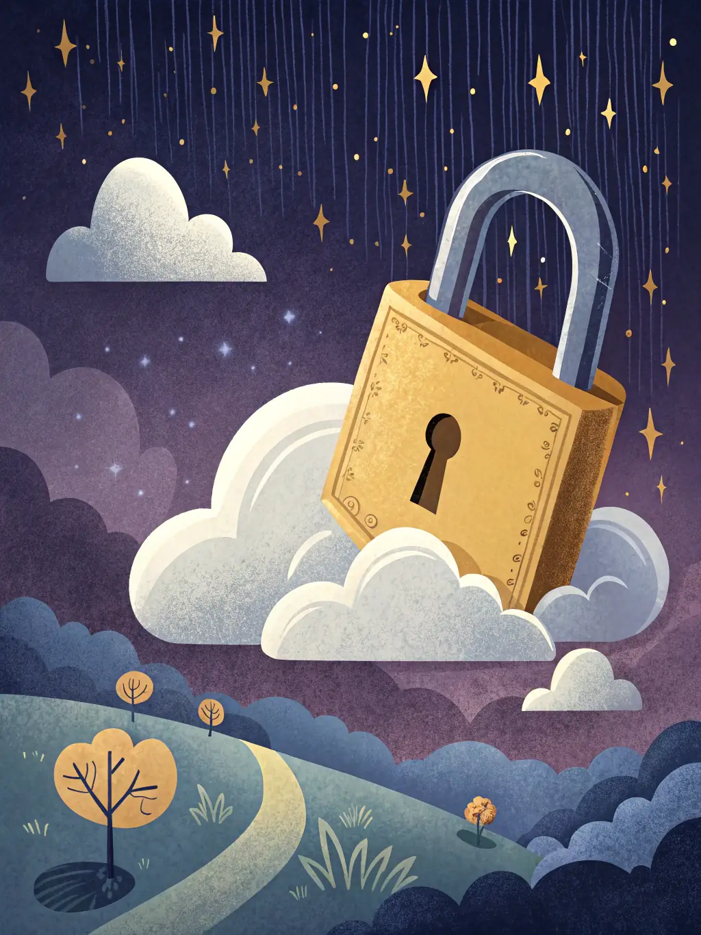 A stylized image representing cloud data storage with a lock icon superimposed, symbolizing data protection in the cloud for DontheCyberChef.